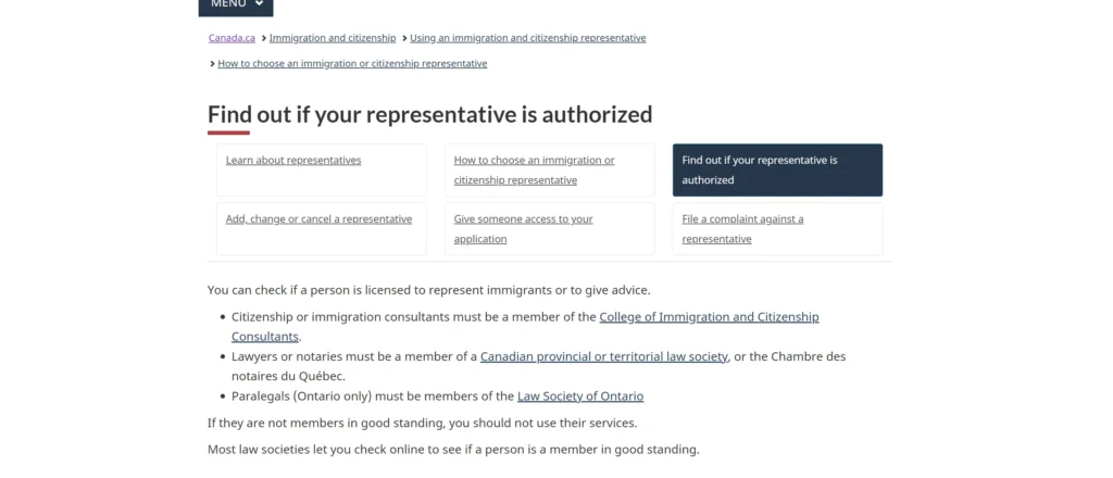 Screenshot of Official Canada.ca website screenshot on How to verify immigration consultant in Canada